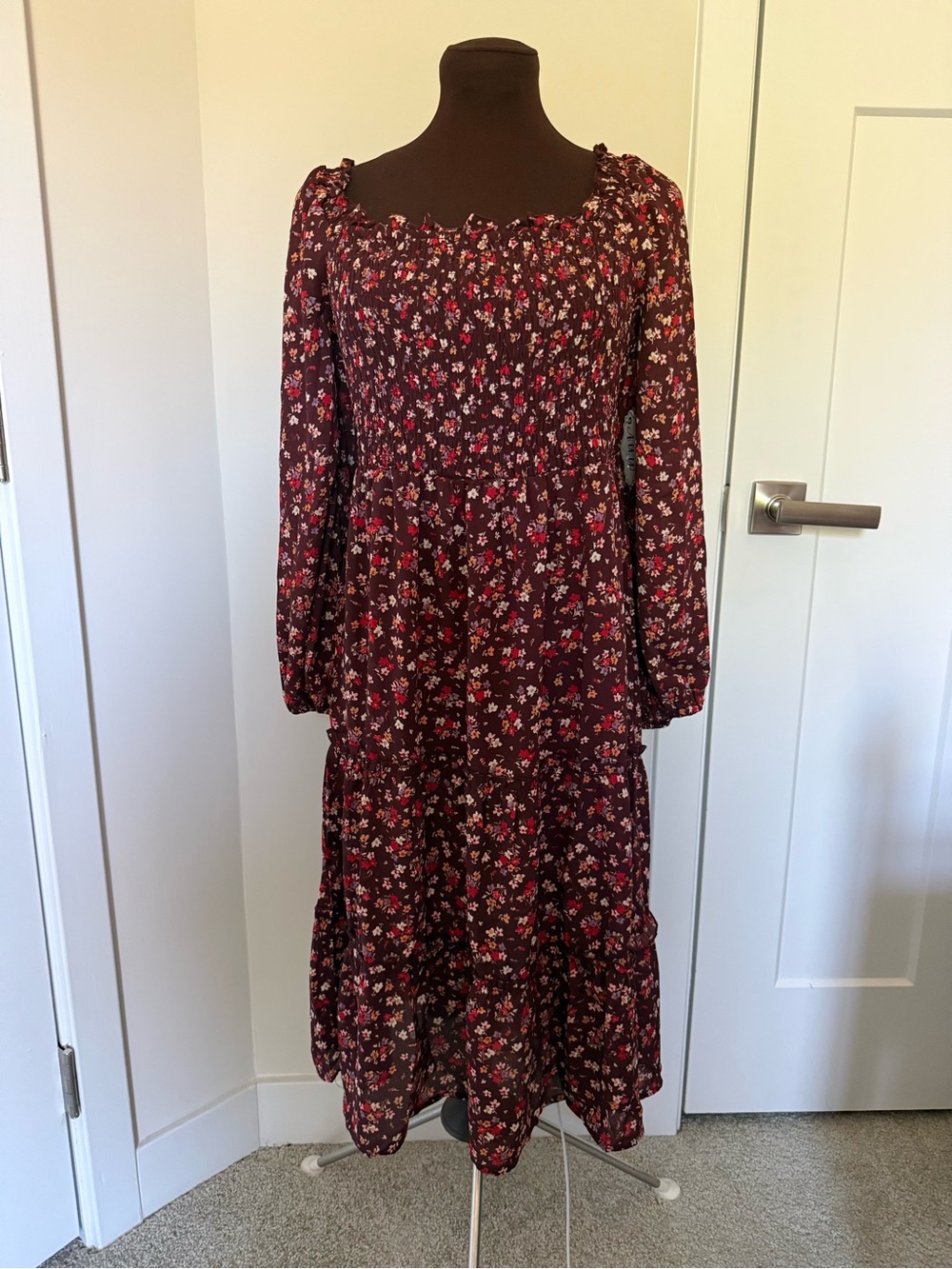 AUW Burgundy Floral Smocked Midi Dress